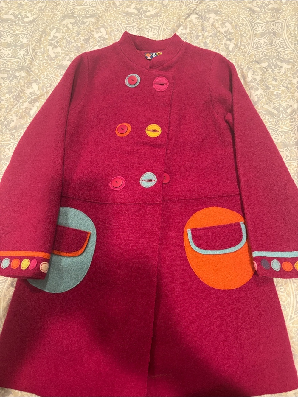 Du Pareil au Meme Girls' Burgundy Wool Pea Coat with Colorful Pocket accents